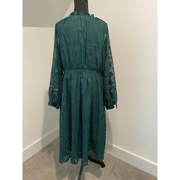 Emerald Green Floral Burnout Midi Dress Long Sleeve Smocked Waist - Picture 3 of 6